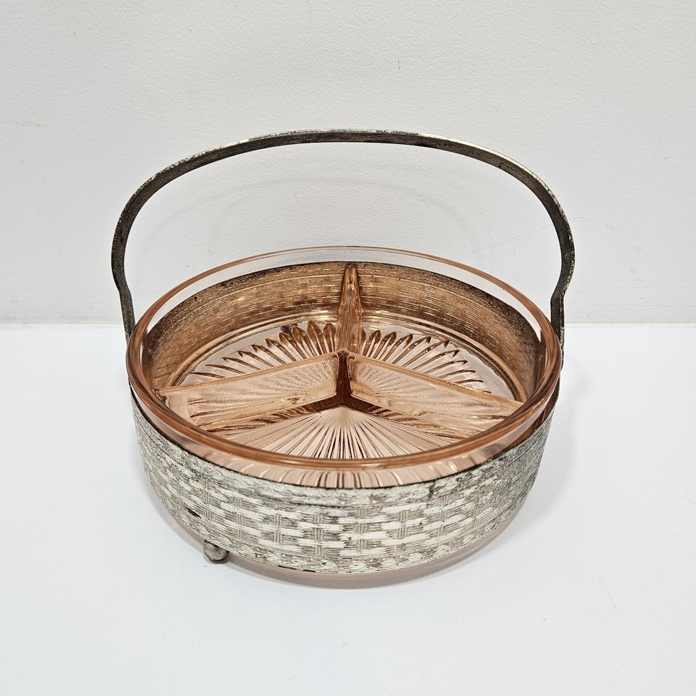 Vintage Depression Glass Pink Divided Candy Relish Nut Dish Metal Silver  Basket